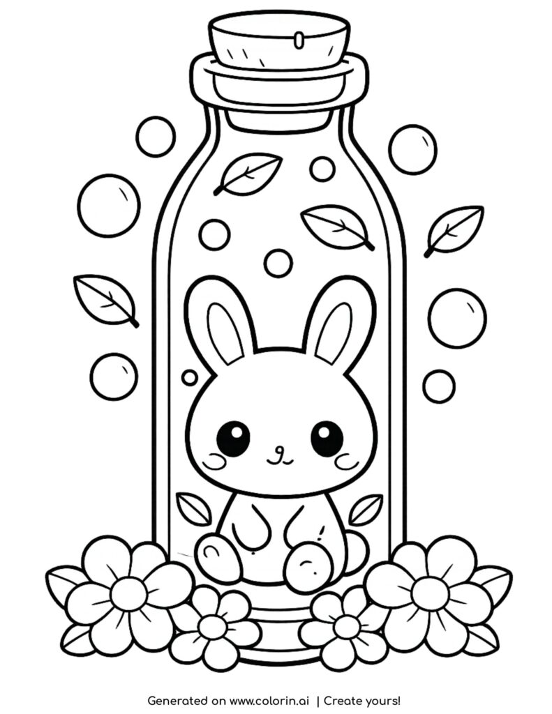 cute bunny inside glass bottle with bubbles leaves and flowers coloring page