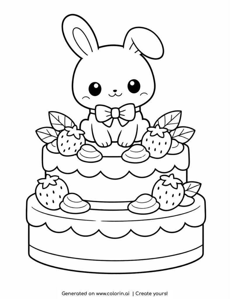 cute bunny sitting on decorated cake with strawberries coloring page