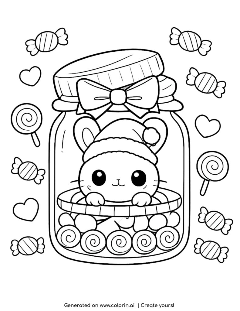 cute bunny inside candy jar with candies and lollipops coloring page