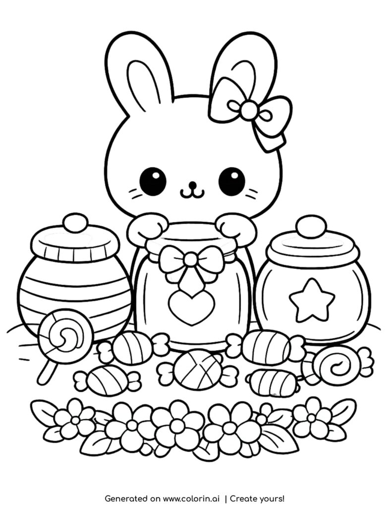 cute bunny with candy jars sweets and flowers coloring page