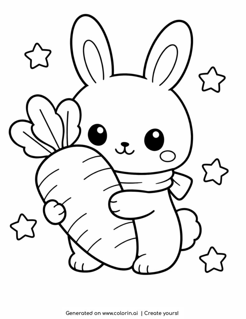 cute bunny holding a large carrot with stars coloring page