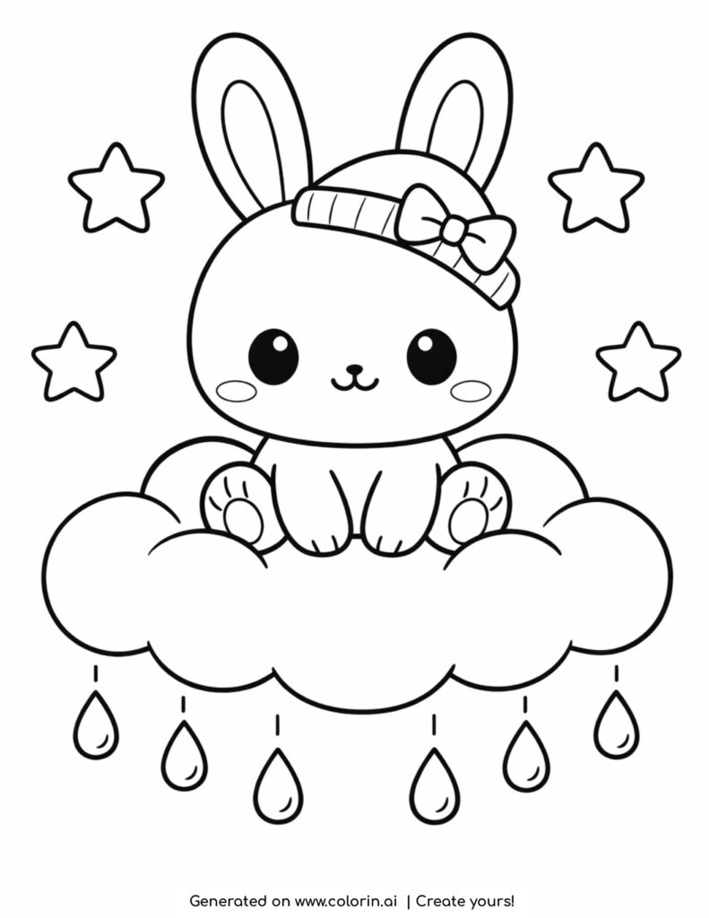 cute bunny sitting on a cloud with stars and raindrops coloring page