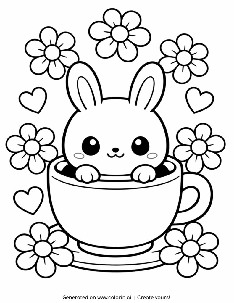 cute bunny sitting in a cup with flowers and hearts coloring page