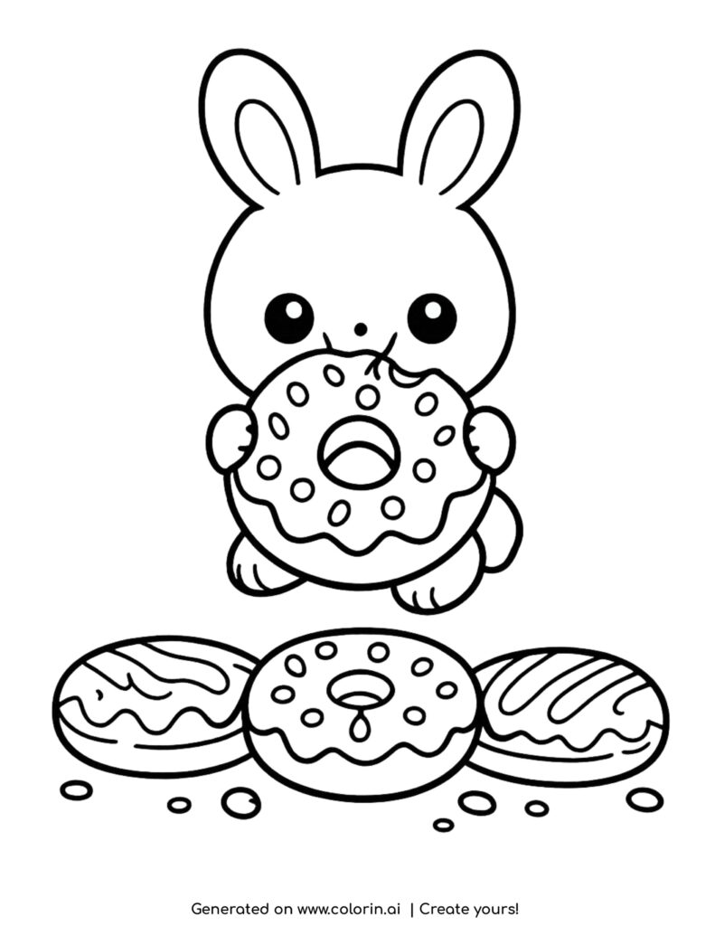 cute bunny holding donut with sprinkles coloring page