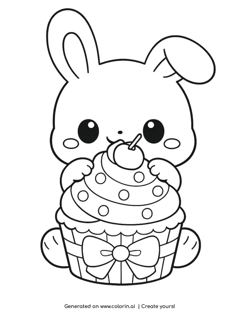cute bunny eating cupcake with frosting and cherry coloring page