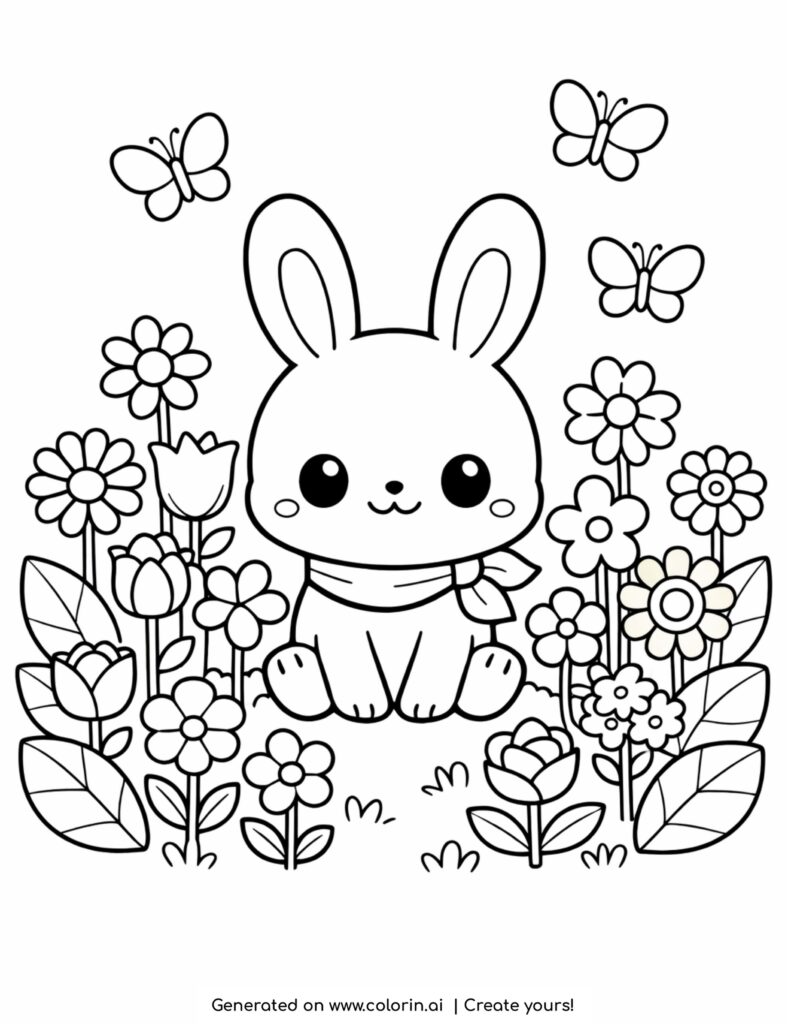 cute bunny sitting in a flower garden with butterflies coloring page