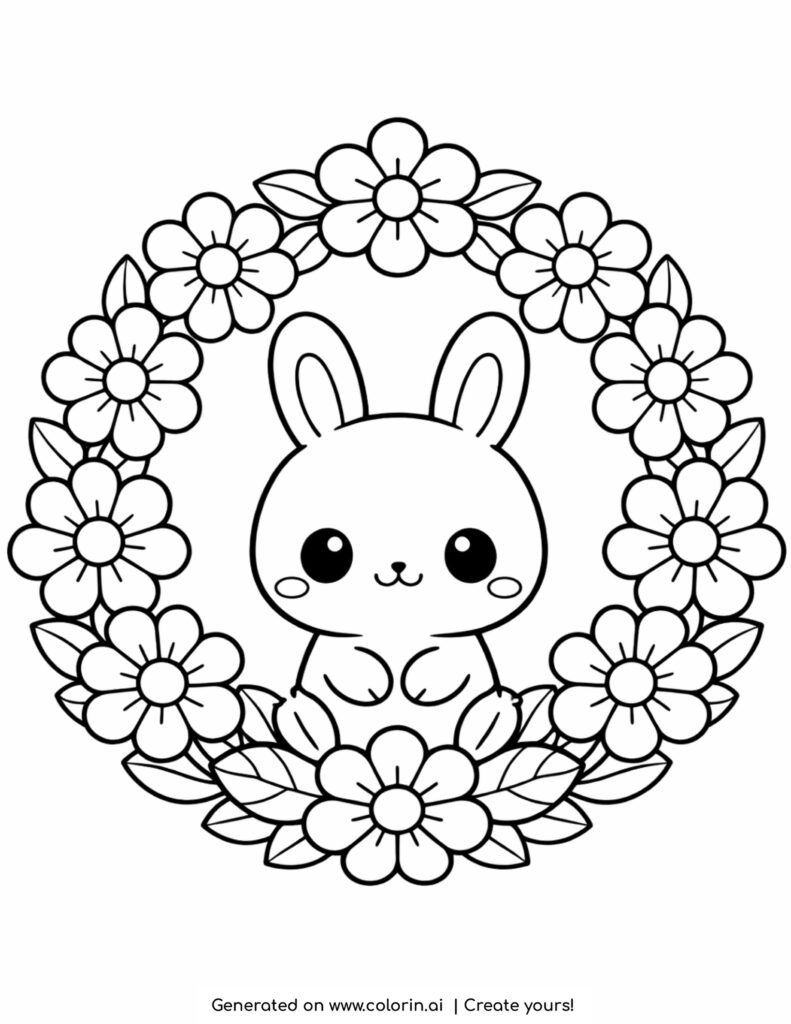 cute bunny sitting inside flower wreath coloring page