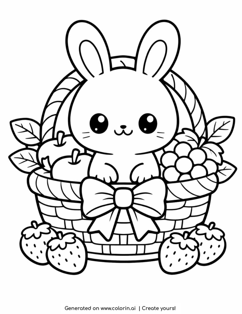 cute bunny sitting in fruit basket with apples grapes and strawberries coloring page