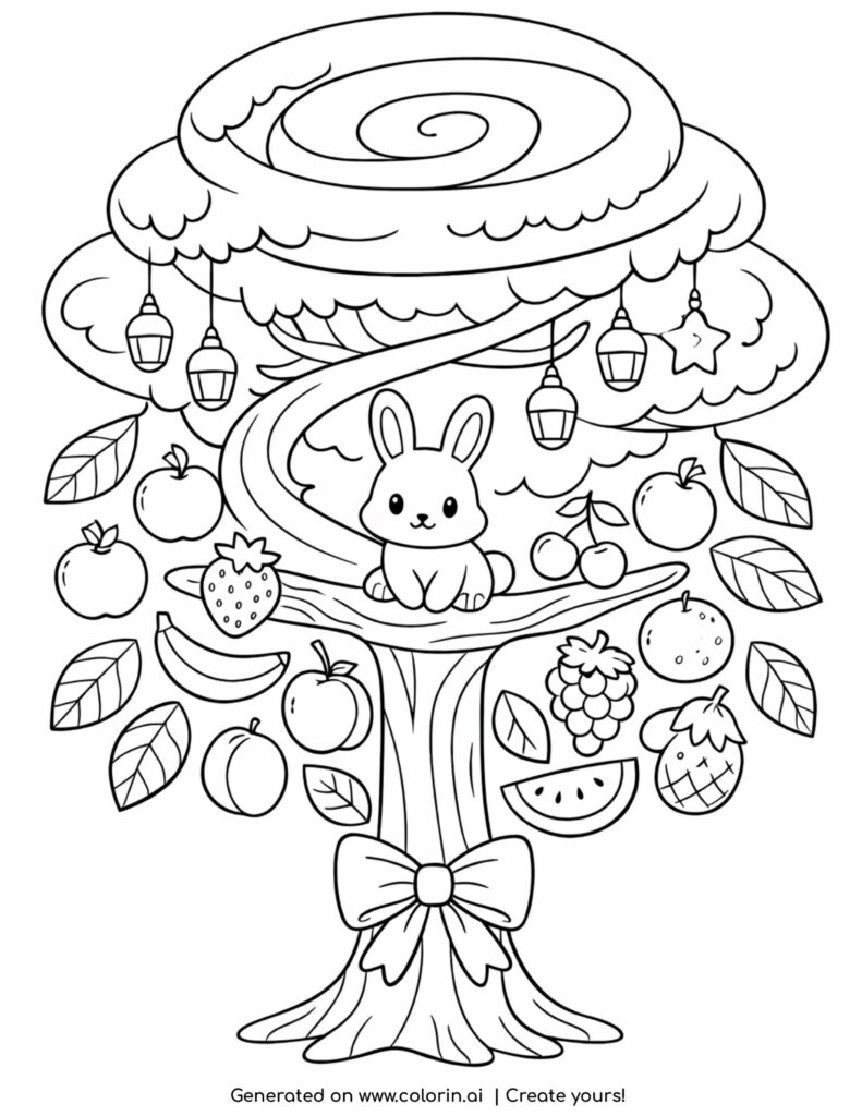 cute bunny sitting in fruit tree with hanging lights and fruits coloring page