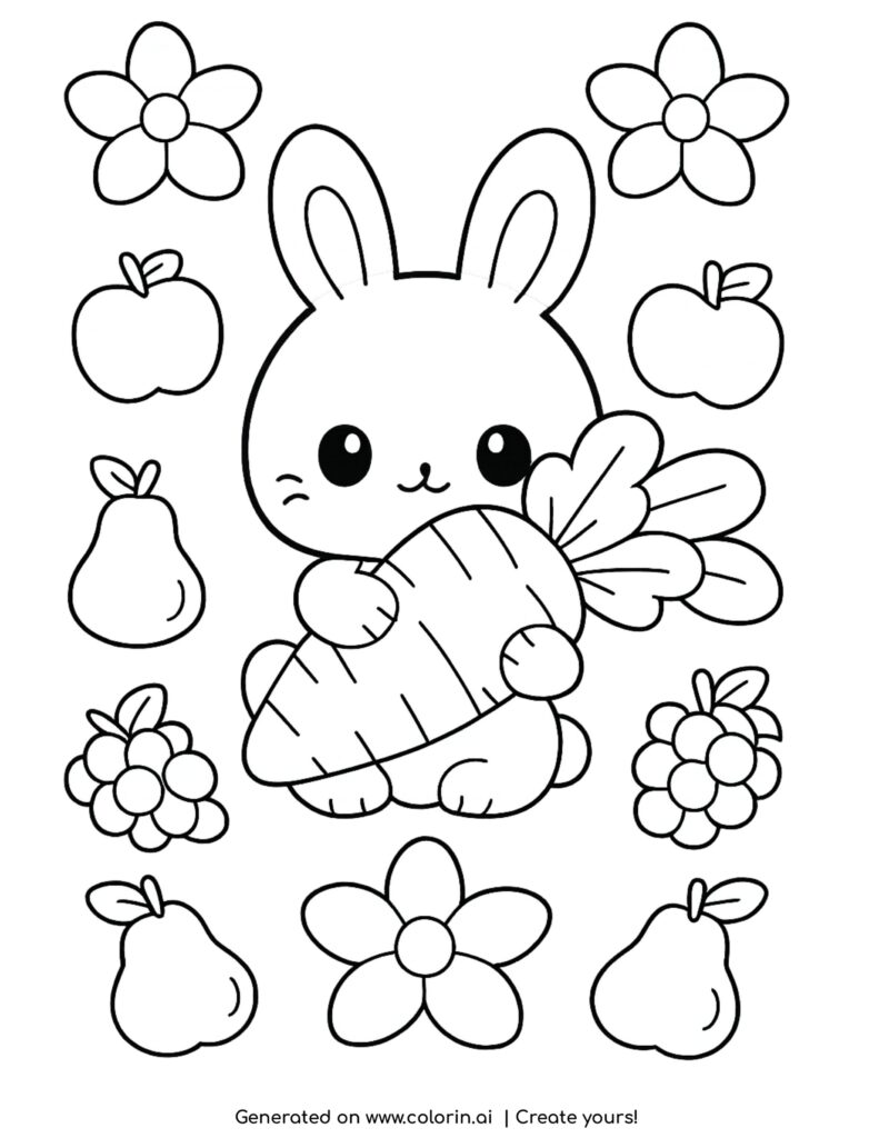 cute bunny holding giant carrot with fruits and flowers coloring page