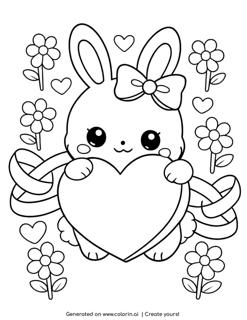 cute bunny holding big heart with flowers and small hearts coloring page