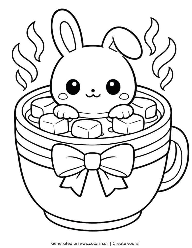 cute bunny in hot chocolate cup with marshmallows coloring page