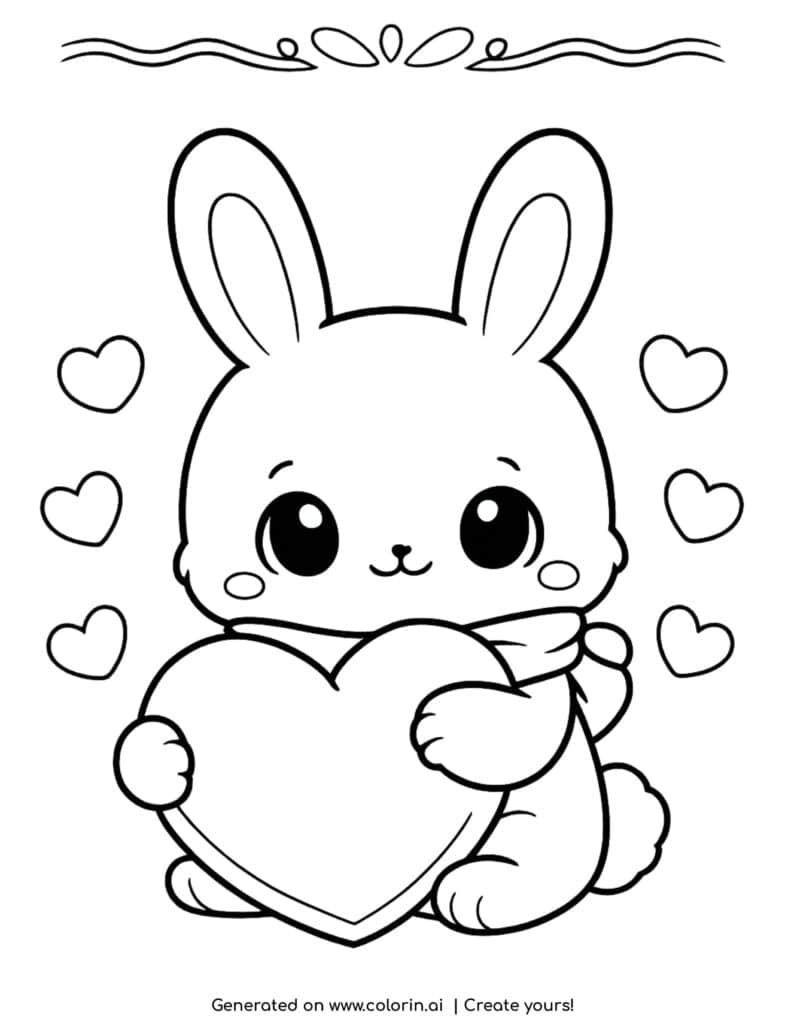 cute bunny hugging a heart with small hearts around coloring page