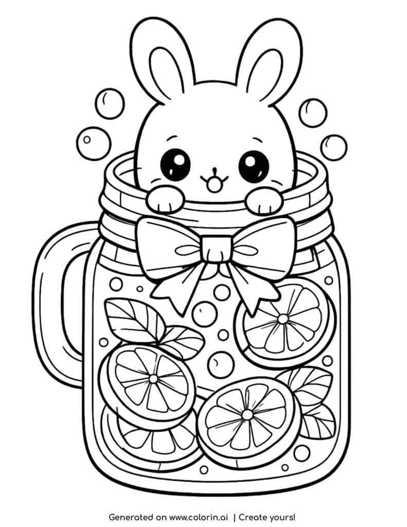cute bunny inside jar with lemon slices and bubbles coloring page