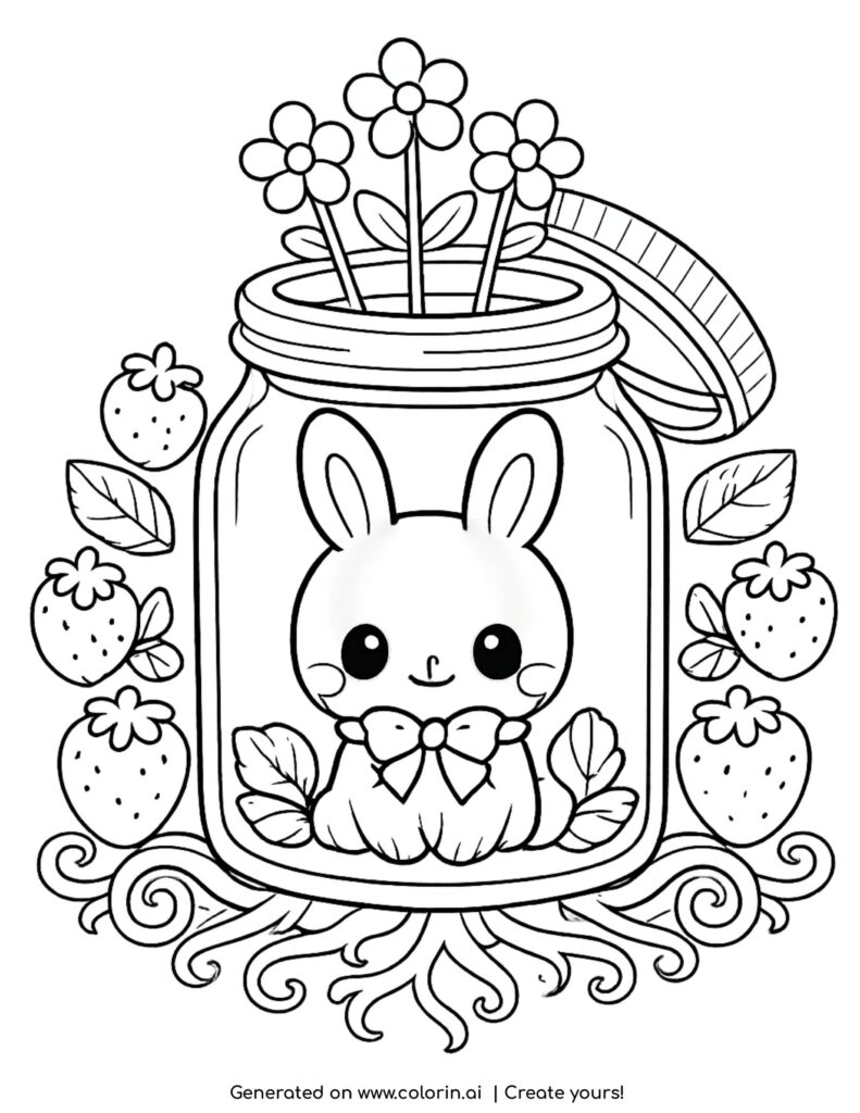 cute bunny inside mason jar with strawberries and flowers coloring page