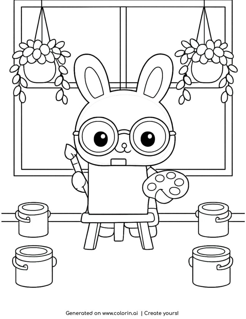 cute bunny painting on canvas with paint palette and brushes coloring page