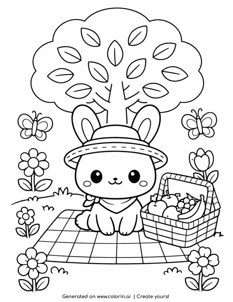 cute bunny picnic scene with basket fruits tree and butterflies coloring page