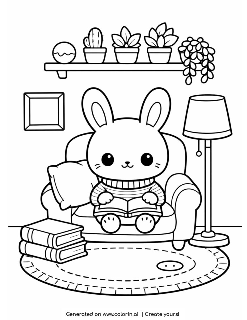 cute bunny reading book in cozy room with chair and plants coloring page