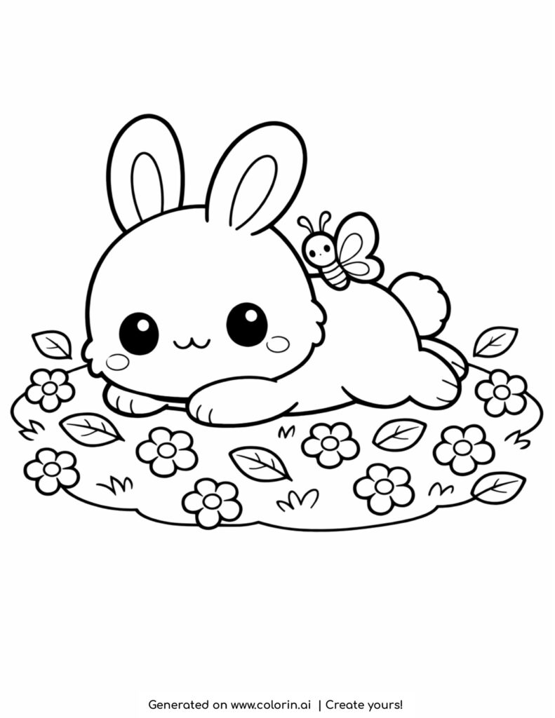 cute bunny lying in a flower field with leaves and butterfly coloring page
