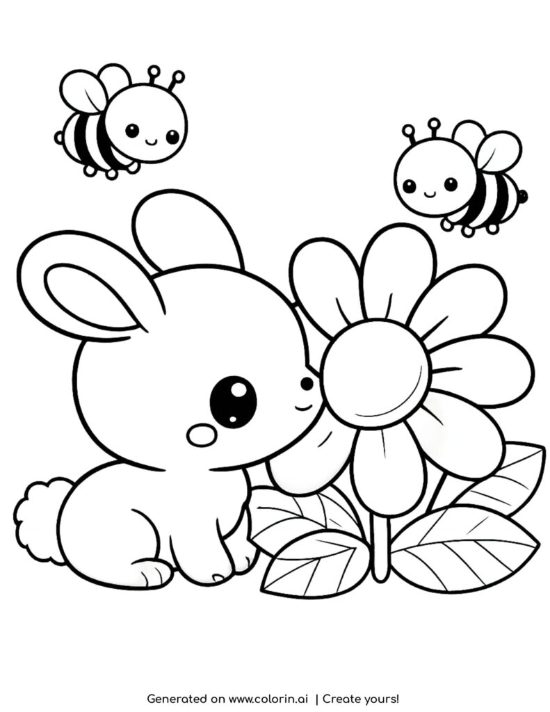 cute bunny smelling a flower with bees flying around coloring page