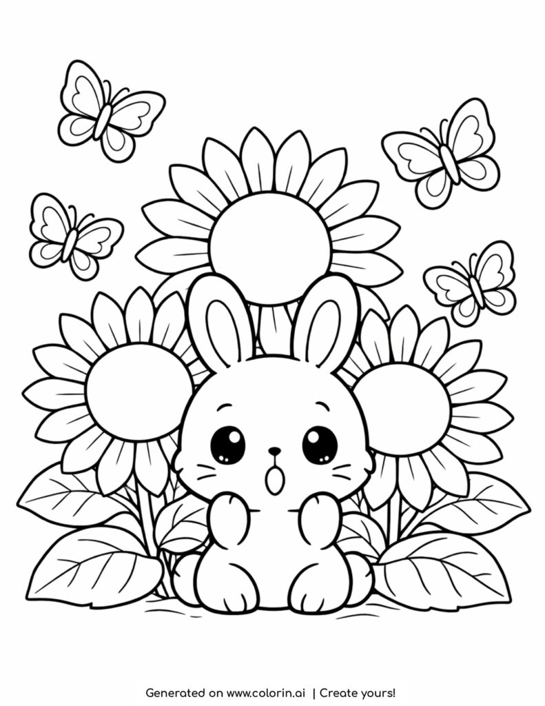 cute bunny sitting with sunflowers and butterflies coloring page