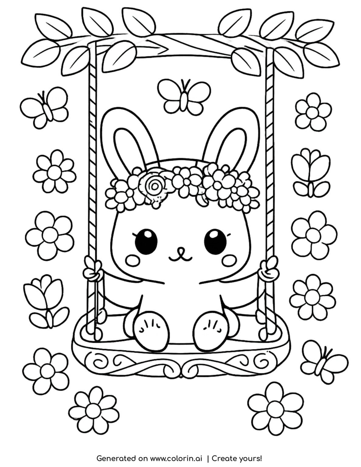 Cute Bunny on Swing Coloring Page | Free Printable