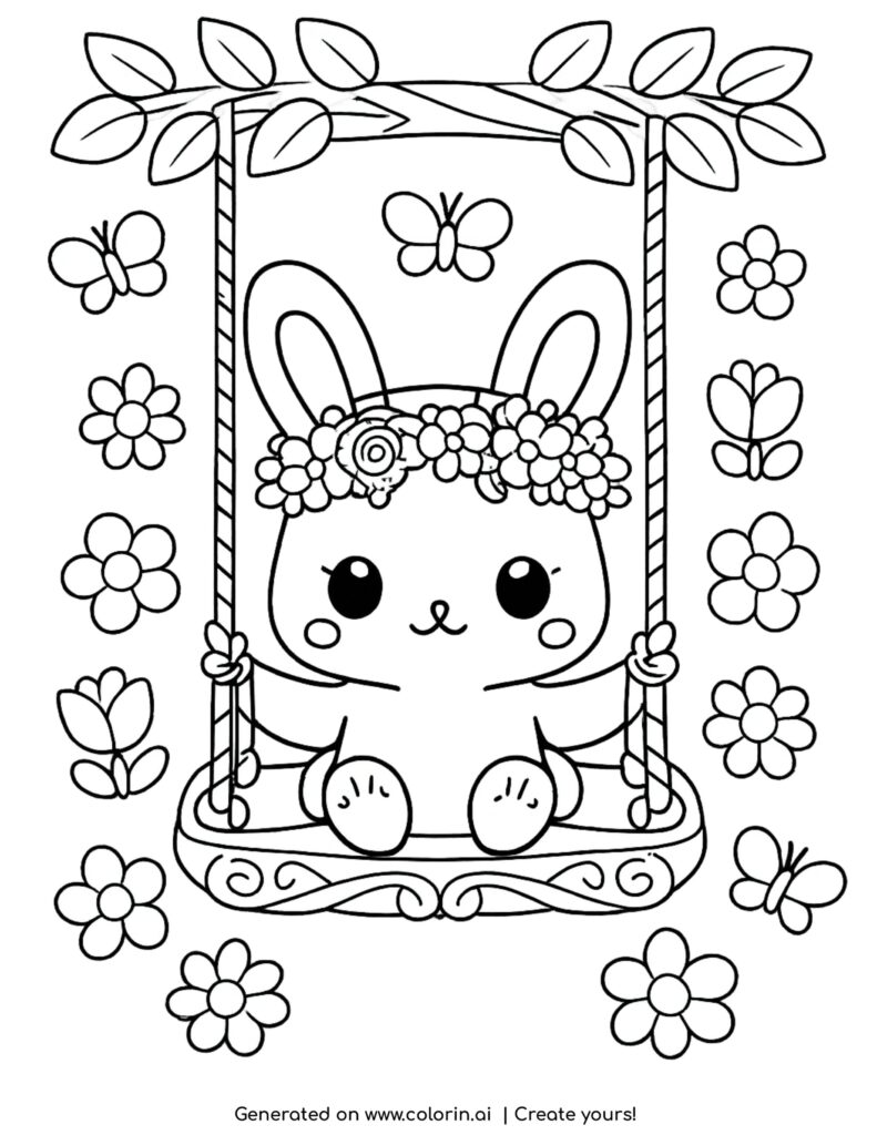cute bunny on swing with flower crown surrounded by flowers and butterflies coloring page