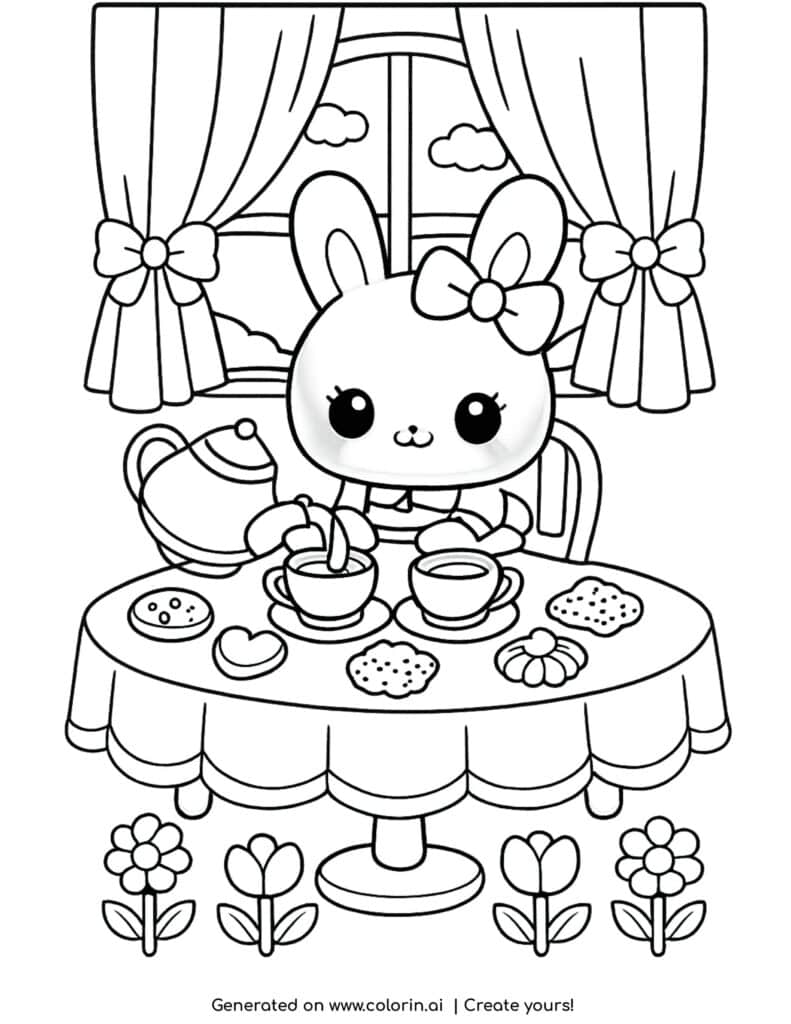 cute bunny tea party with cups cookies and table coloring page