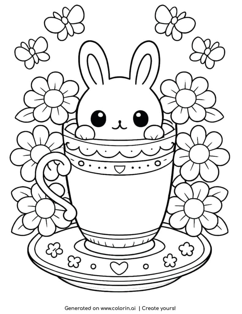 cute bunny peeking out of teacup with flowers and butterflies coloring page