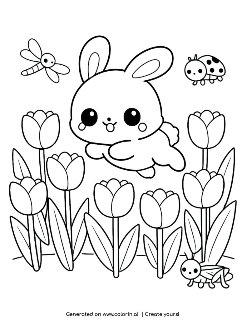 cute bunny jumping among tulips with insects coloring page