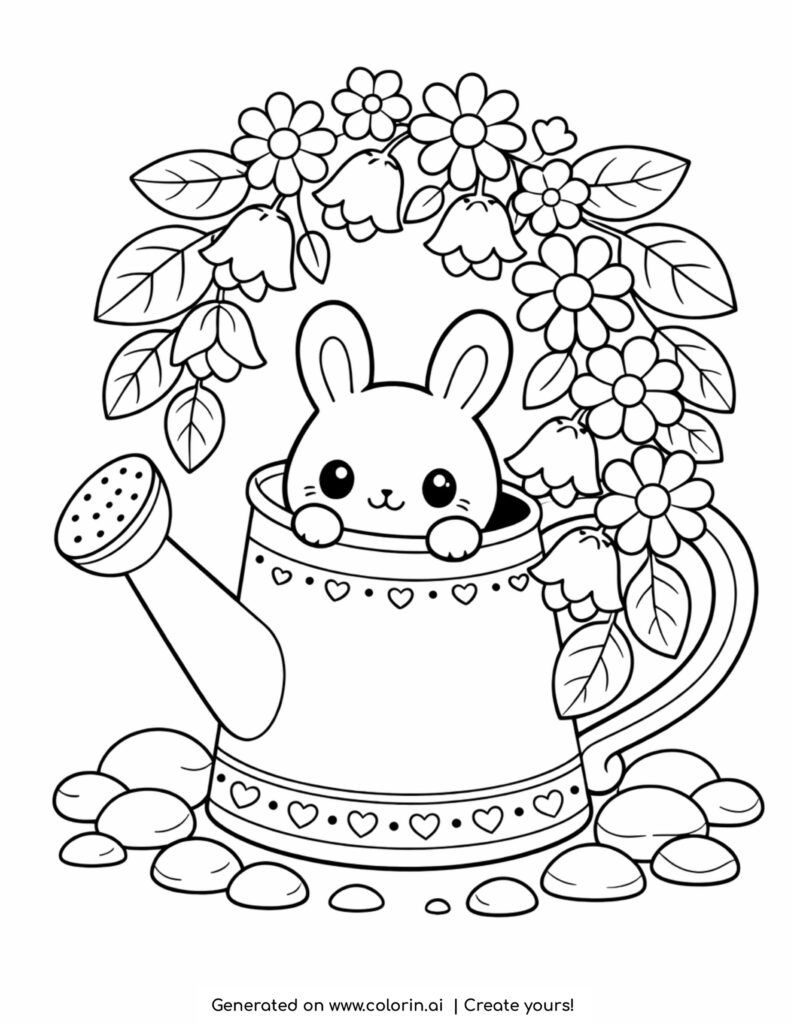 cute bunny inside watering can with flowers and stones coloring page
