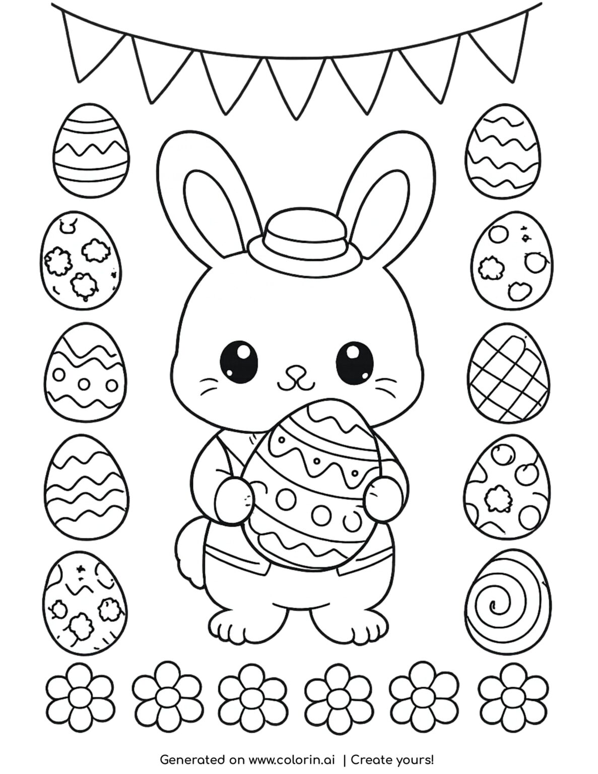 Cute Easter Bunny Coloring Page with Eggs | Free Printable