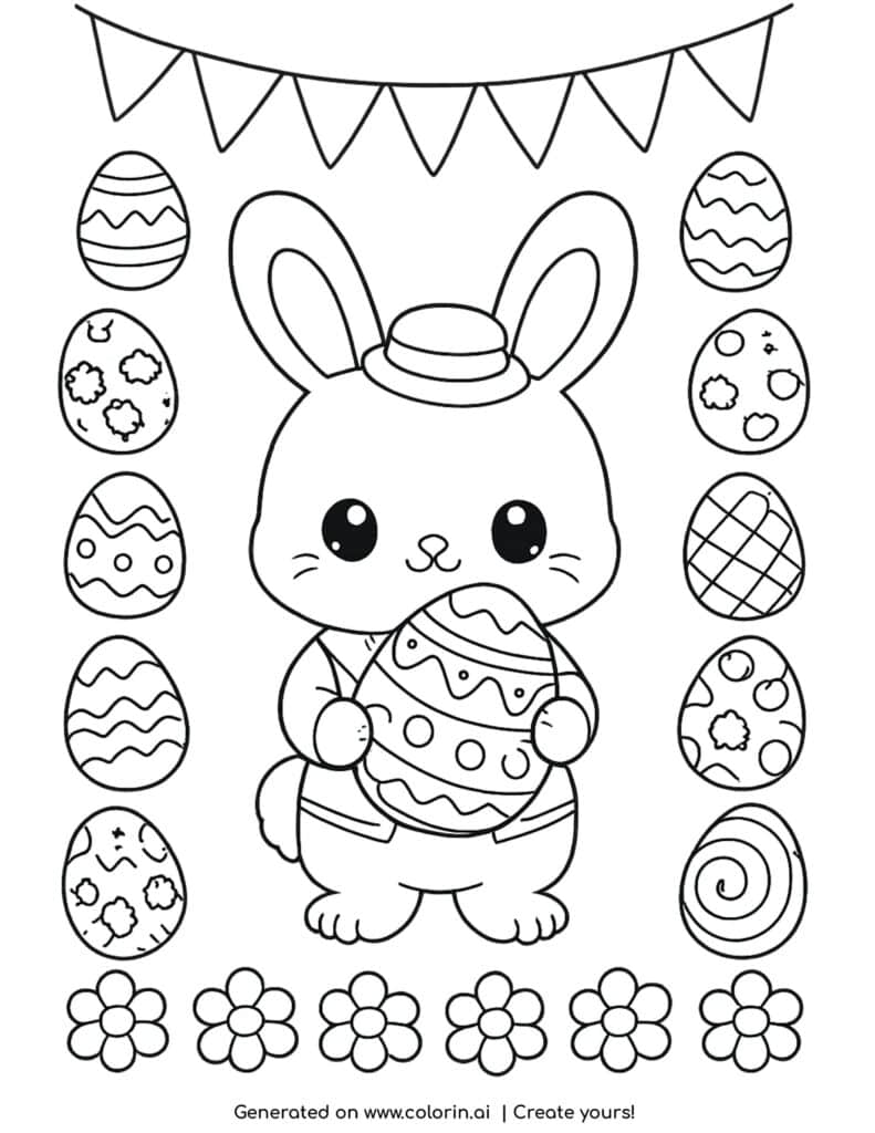 cute easter bunny holding decorated egg surrounded by patterned eggs and flowers coloring page