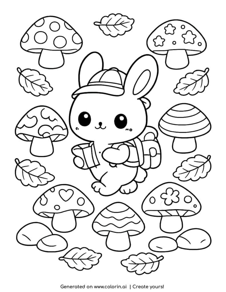 cute explorer bunny with backpack surrounded by mushrooms and leaves coloring page
