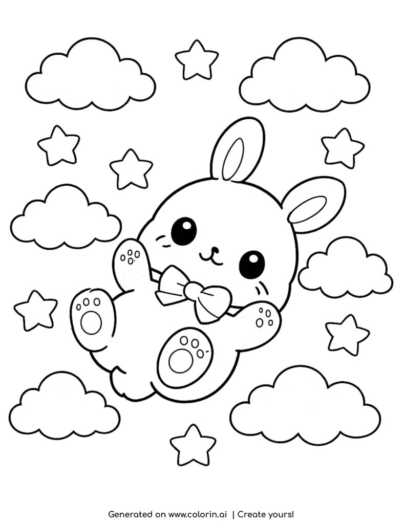 cute bunny floating with clouds and stars coloring page