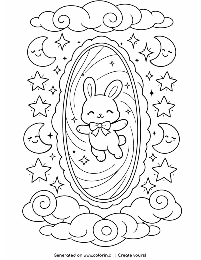 cute bunny floating in magical portal with stars moons and clouds coloring page