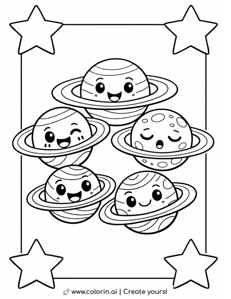 cute planets with rings and stars coloring page with smiling planets