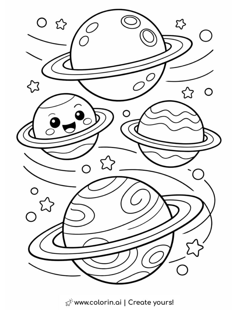 cute ringed planets orbiting in space coloring page with stars