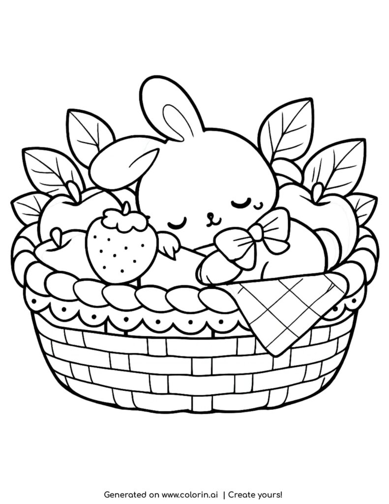 cute sleeping bunny in basket with fruits and leaves coloring page