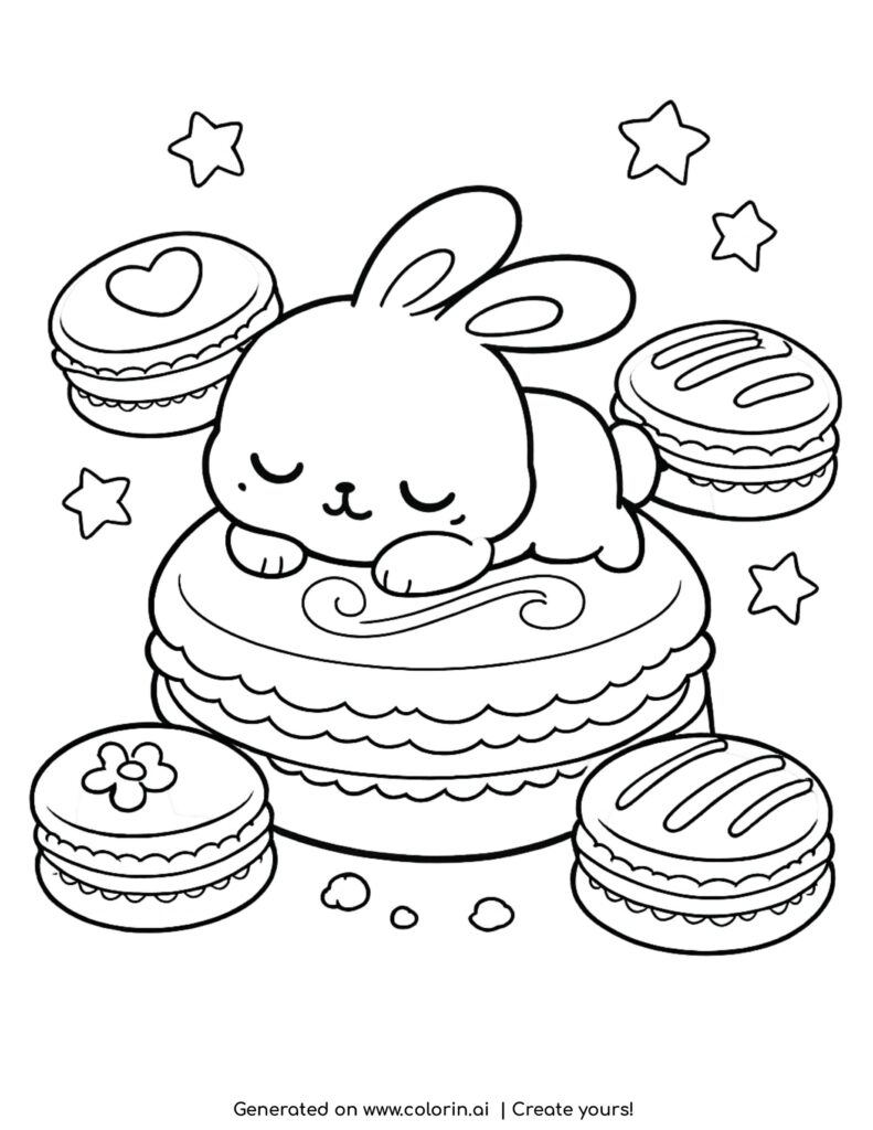 cute sleeping bunny on macaron with stars and cookies coloring page