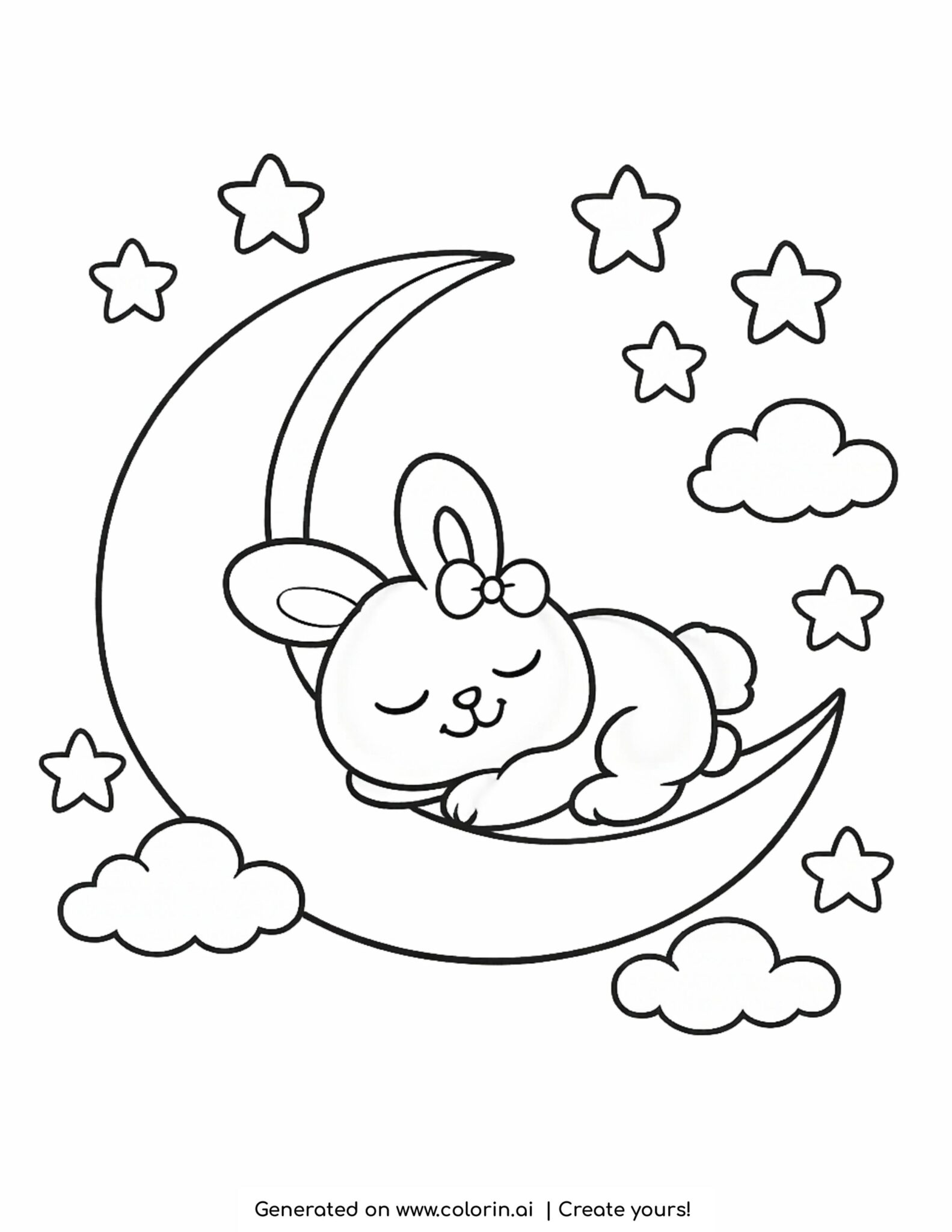 Cute Sleeping Bunny Moon Coloring Page | Free Printable
