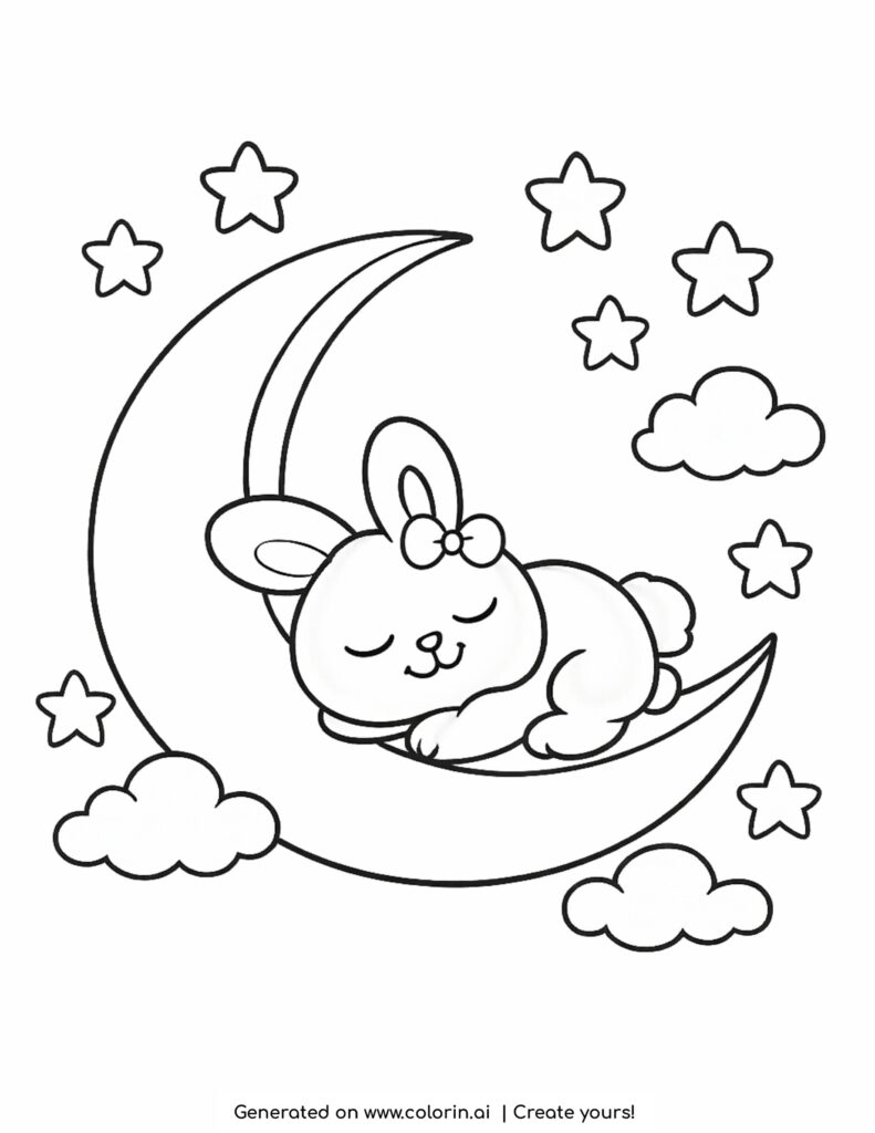 cute bunny sleeping on crescent moon with stars and clouds coloring page