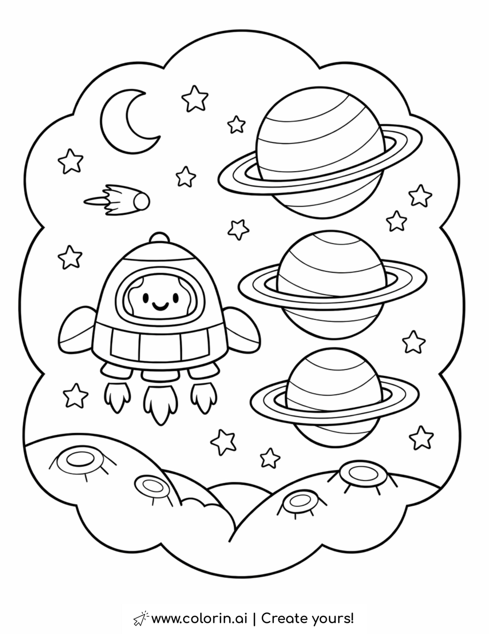 Cute Space Rocket and Planets Coloring Page | Free Printable