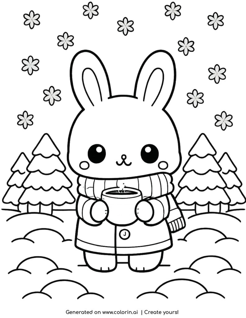 cute bunny in winter coat holding cup with snow and trees coloring page