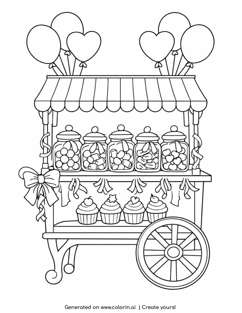 dessert cart with candy jars cupcakes and balloons coloring page