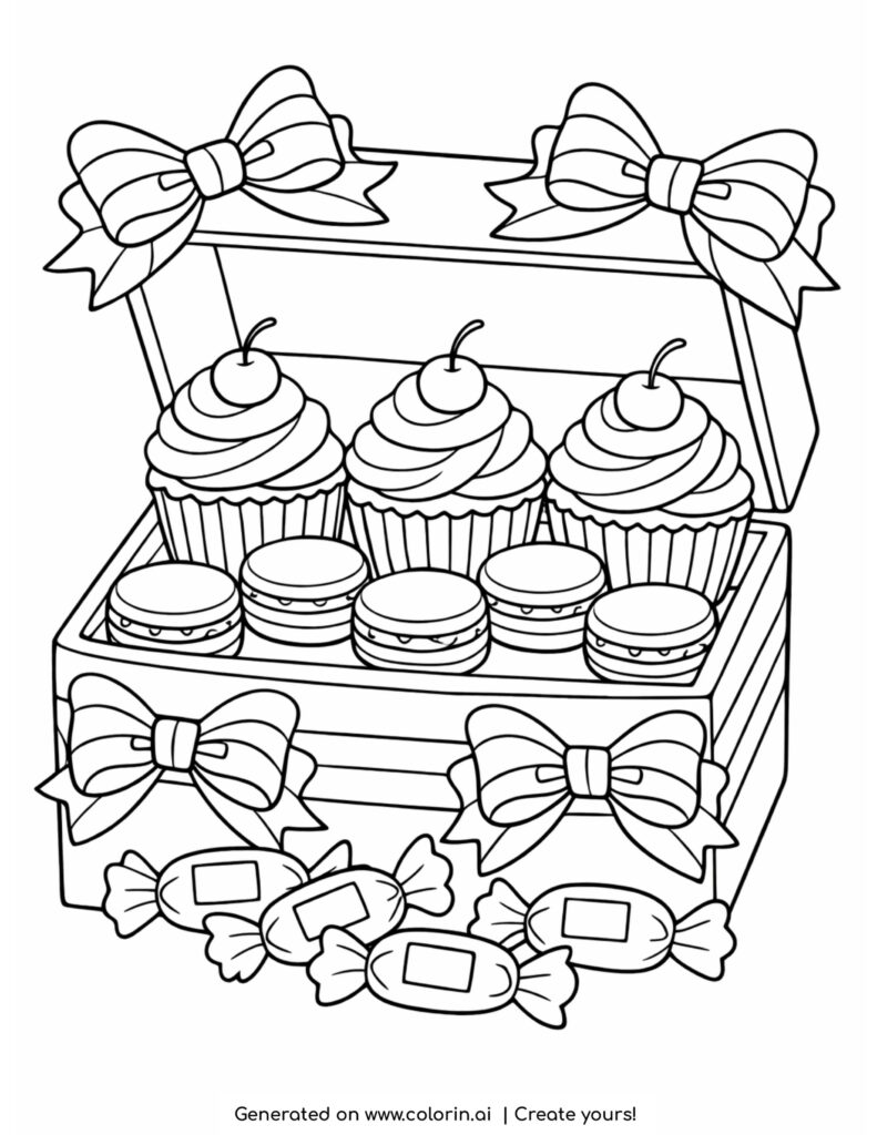 gift box with cupcakes macarons and candies coloring page