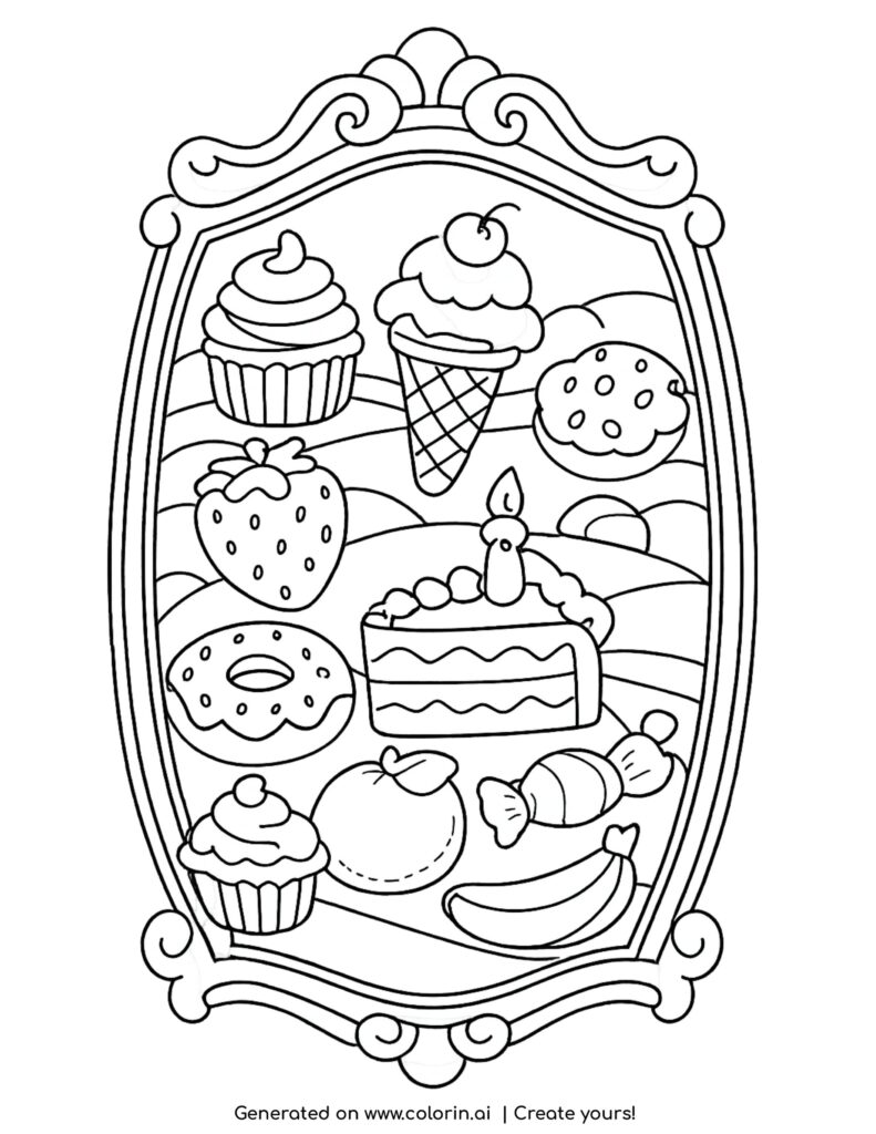 ornate mirror with reflection of cupcakes ice cream fruits and sweets coloring page