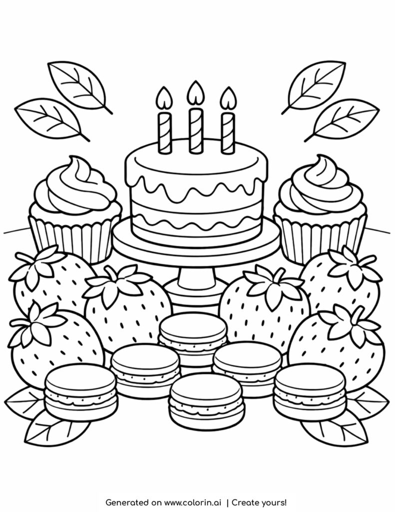 dessert table with cake cupcakes strawberries and macarons coloring page