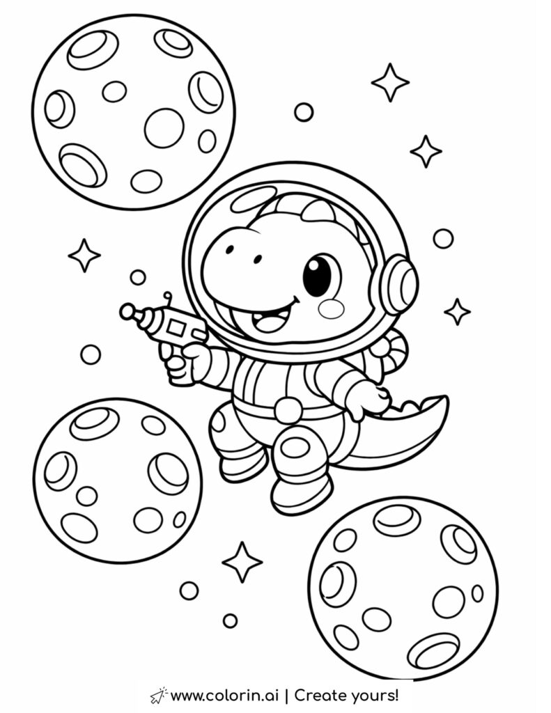 dinosaur astronaut floating among planets coloring page