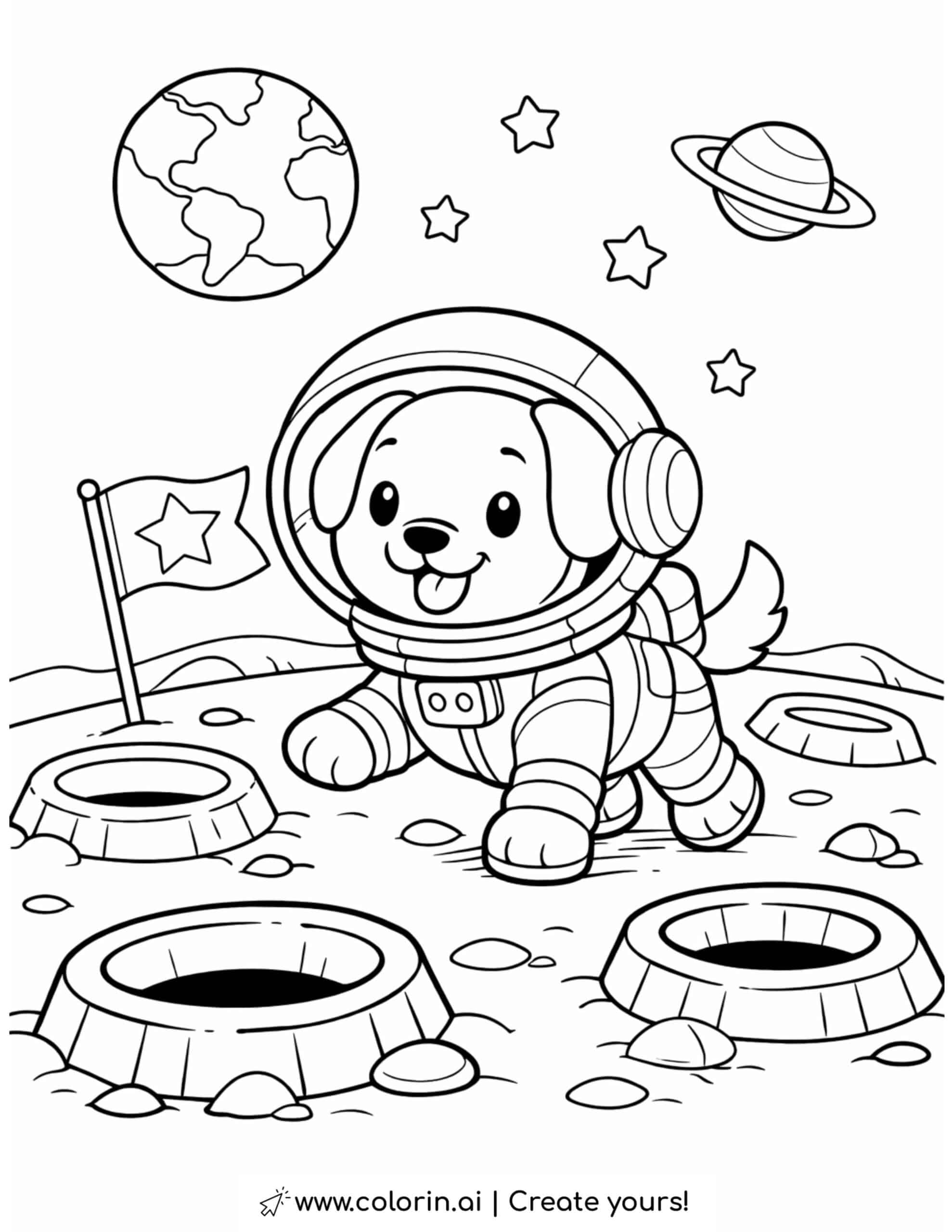 Dog Astronaut Walking on the Moon Coloring Page | Free Printable